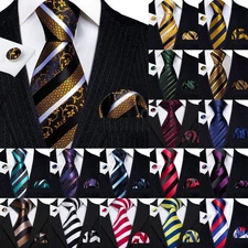 Barry Wang Jacquard Striped Silk Men's Tie Pocket Square Cufflinks Set