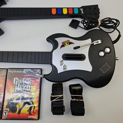 Set of 2 Guitar Hero 2 PS2 PSLGH Octane Guitar Black w/Games & Straps - Picture 3 of 24