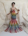 Ooak Evening Gown Dress Outfit Beaded Arm Sleeves Fits FR Doll Handmade Colorful