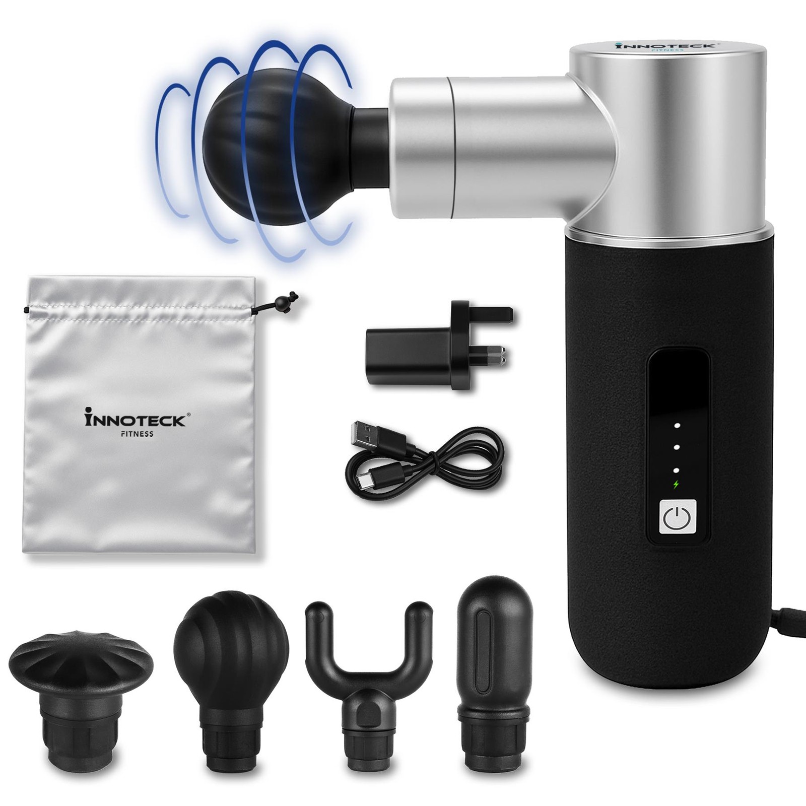 Massage Gun Deep Tissue Muscle Massager 3 Speed Quiet Motor 4 Heads USB Recharge