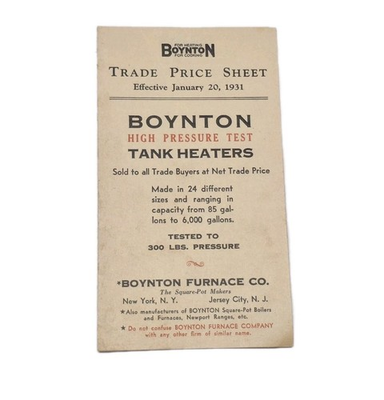 #ad Boynton Furnace Co High Pressure Tank Heaters Foldout Trade Price Sheet NJ 1931 $10.00