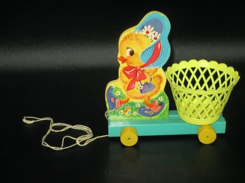 Vintage Fisher Price #304 Chick Basket Cart Pull Toy-1960