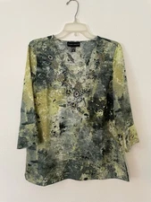 Susan Graver Printed Brushed Liquid Knit Top With Embroidery  Green Size XXS