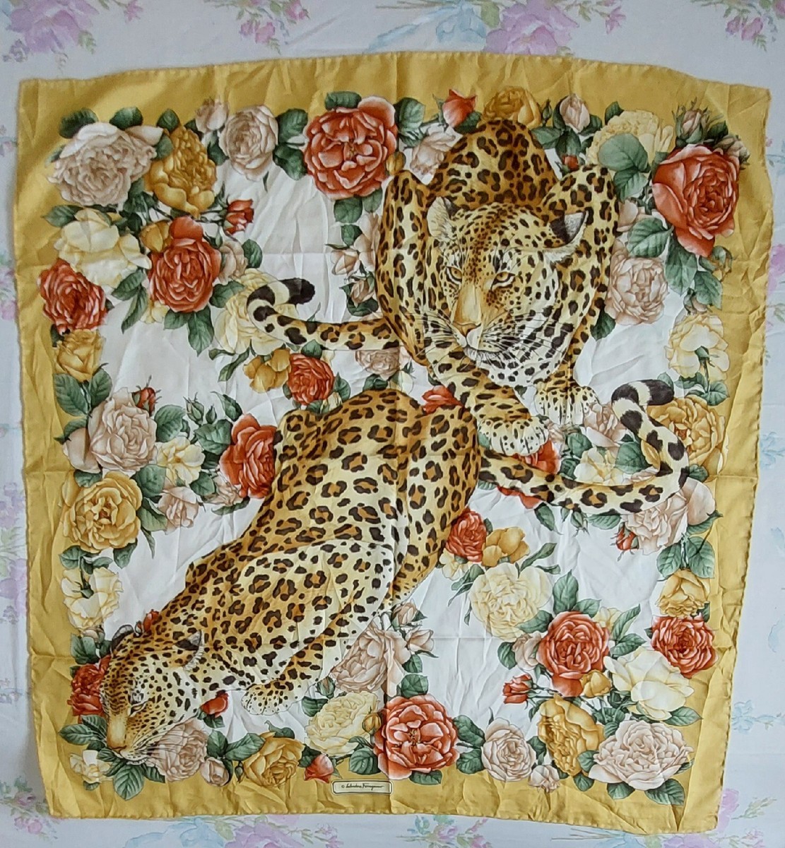 Salvatore Ferragamo Red Roses Gold Tiger Pattern Silk Scarf