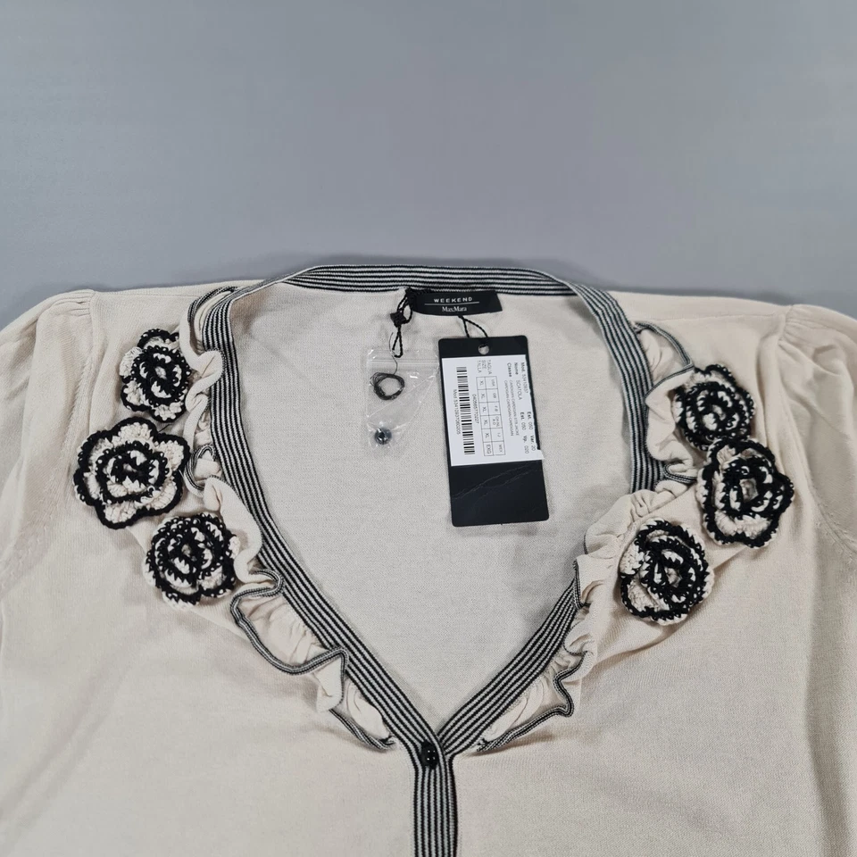 Cárdigan Weekend Max Mara para mujer marfil XL seda algodón suave tejido abotonado jersey Foto 2 de 4