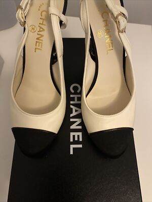 $800 Final Price - Chanel White/Black Slingback Pumps, Size