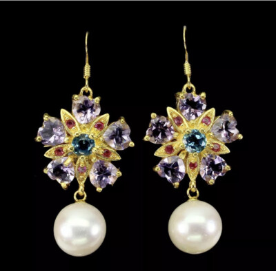 Natürliche unbeheizte Herz lila Amethyst Topas Perle Rubin Sterlingsilber Ohrringe