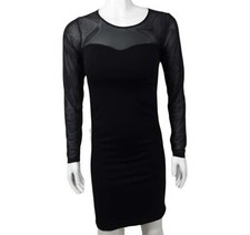 Women Black Long Sleeve Mesh Splicing Bodycon Dress (Size: XS)
