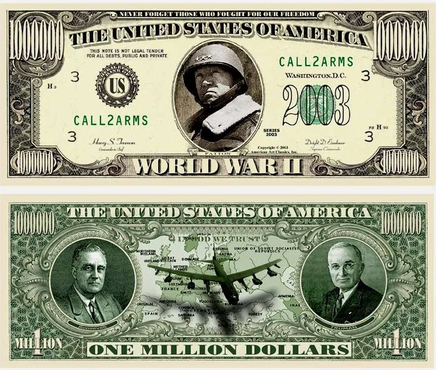 World War II #CALL2ARMS WW2 Million Dollar Bill Funny Money Note + FREE SLEEVE