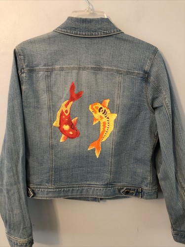 Style & Co. Women’s Blue Denim Jacket Size M. Hand Painted Koi Fish - Picture 2 of 3