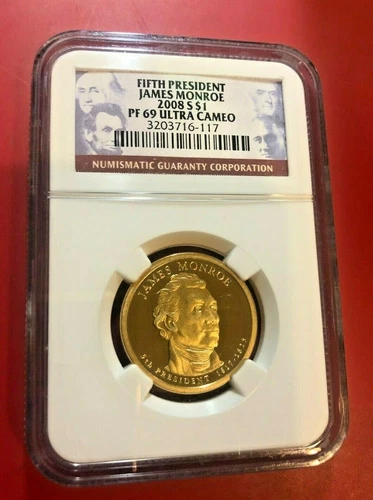 FIFTH PRESIDENT JAMES MONROE 2008 S DOLLAR NGC PF 69 ULTRA CAMEO