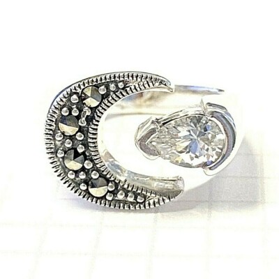 (SIZE 5,6,7) Sizable Fit MOON & CZ STONE RING Marcasite .925 STERLING SILVER