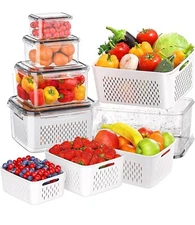 5PCS Fruit Veg Storage Containers Drain Basket For Fridge With Lids & Colanders