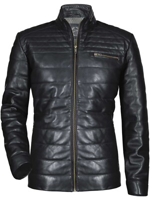 Terenzio Puffer Ribbed Quilted Black Real Lambskin Men's Colorado Leather Jacket