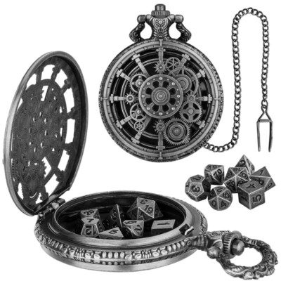 7 Stck./Set Metall Gaming polyedrische Würfel Anhänger Kette Zahnrad Taschenuhr Gehäuse Rollenspiel