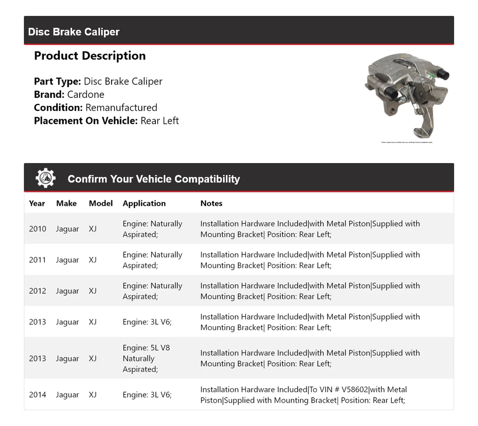 Pinza de freno de disco trasera izquierda cardone 2011 2012 2013 para Jaguar XJ 2010-2014 Foto 2 de 4