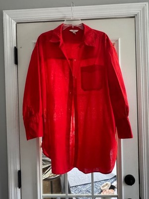 NWT H&M L.O.G.G. Red Linen Blend Button Down Shirt Regular Fit Sz XL