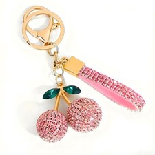 Bling Cherry Car Keychain for Women - Sparkly Rhinestone Cherry Charm with Pink