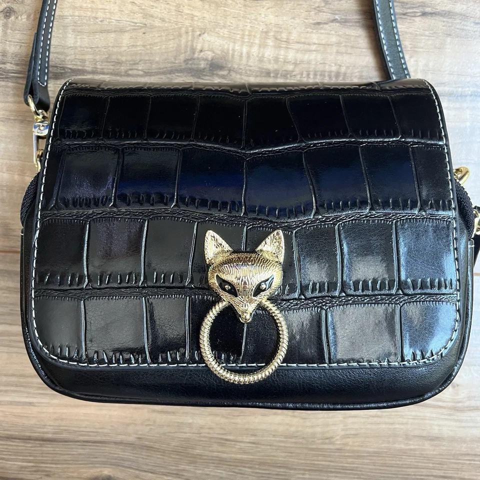 Bolso Bandolera FOXER Negro Cocodrilo Imitación Cuero - Cierre de Zorro Dorado, Doble Cremallera Foto 2 de 4