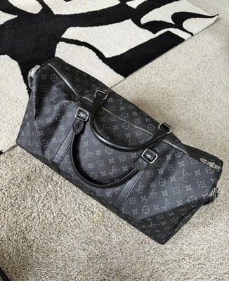 Louis Vuitton Keepall 55 Monogram Eclipse Leather Duffle Bag Black