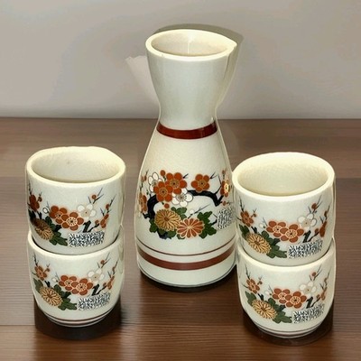 Asahi Sato Gordon Sake Set 5pc Japan Vtg Red Gold Original Box 