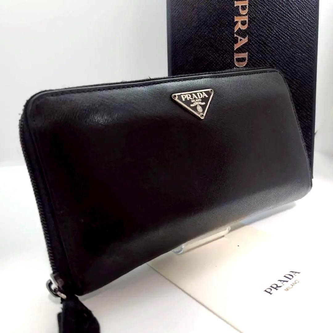 Prada Saffiano Leather Black Unisex Long Wallet with Triangle Logo and Zipper
