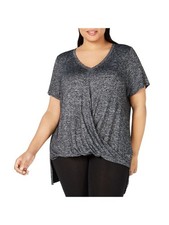 CALVIN KLEIN Womens Black Gathered Heather Short Sleeve V Neck T-Shirt M