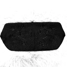 Vintage Black Beaded Clutch with Rhinestone Closure Formal Evening Purse Bag