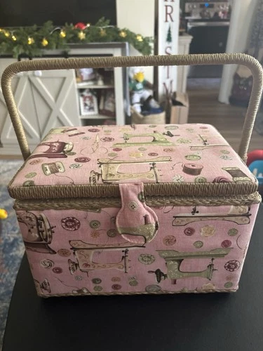 Vintage Floral Fabric Sewing Box W/ Handle&Tray, Sewing Accessories Lot