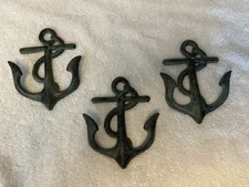 3-Cast Iron Anchor Coat Hooks Nautical Coat Hat Beach Wall Hook w/ Greenish Tint