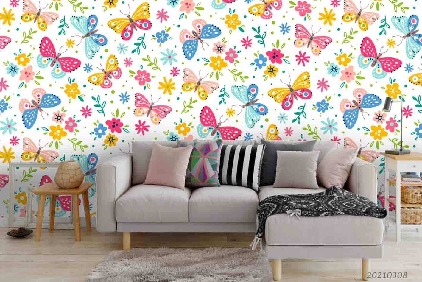 3D Flowers Butterflies Pattern Wall Murals Wallpaper Murals Wall Sticker