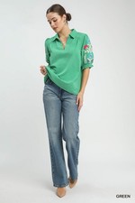 Umgee Seersucker Embroidered Sleeve Blouse