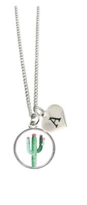 Custom Cactus Pendant Silver Chain Necklace Choose Initial Charm All 26 Avail