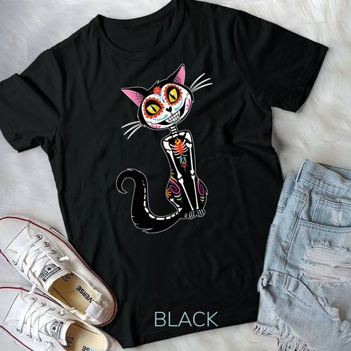 Cat Sugar Skull Dia de Los Muertos, Day of The Dead T-Shirt Unisex T-shirt - Picture 2 of 12