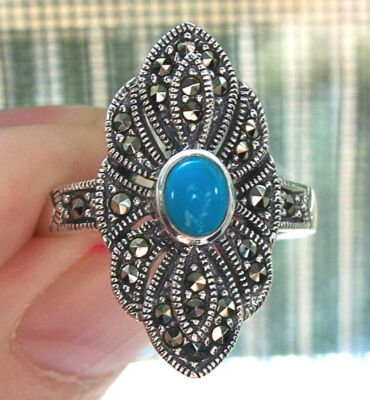 Simulated Turquoise Marcasite Ring 925 Sterling Silver Women's