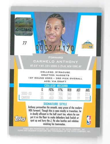 2003-04 Bowman Signatures CARMELO ANTHONY #77 ~ Rookie Patch Auto 0002/1170 - Picture 2 of 2