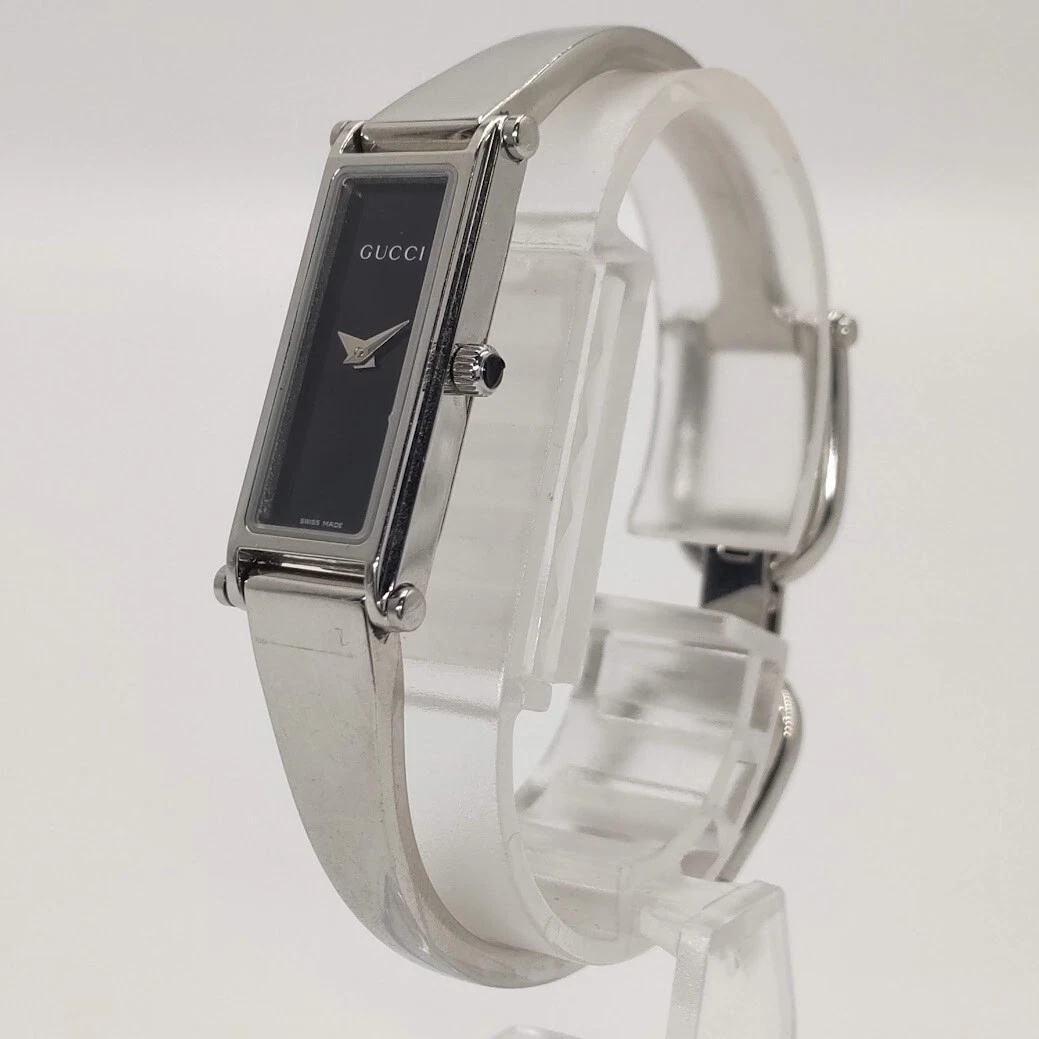 Montre femme Gucci 1500L 12 mm QZ cadran noir bracelet argent (excellent)