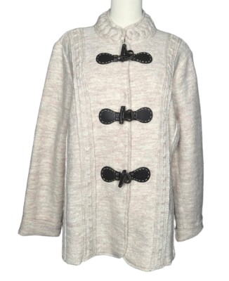 Venario Dina 100% Wool Womens Ivory Sweater Jacket w/ Faux Leather Toggles L/XL
