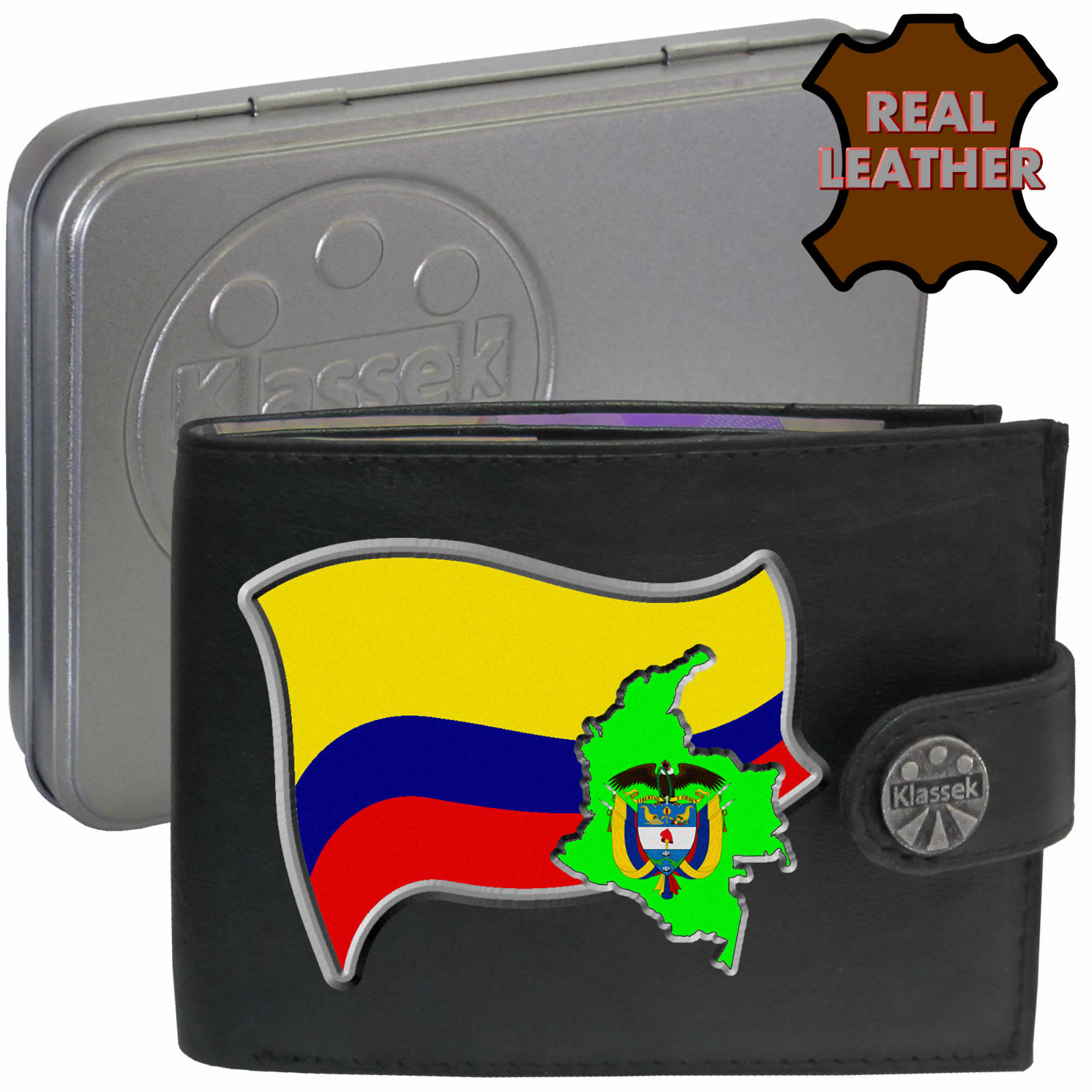 Colombia Wallet Columbian Flag Map Emblem Genuine Leather Men's Gift Tin