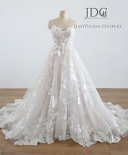 Floral Lace Wedding Dress Ball Gown Custom made 2-28W Plus Glitter Tulle Blush