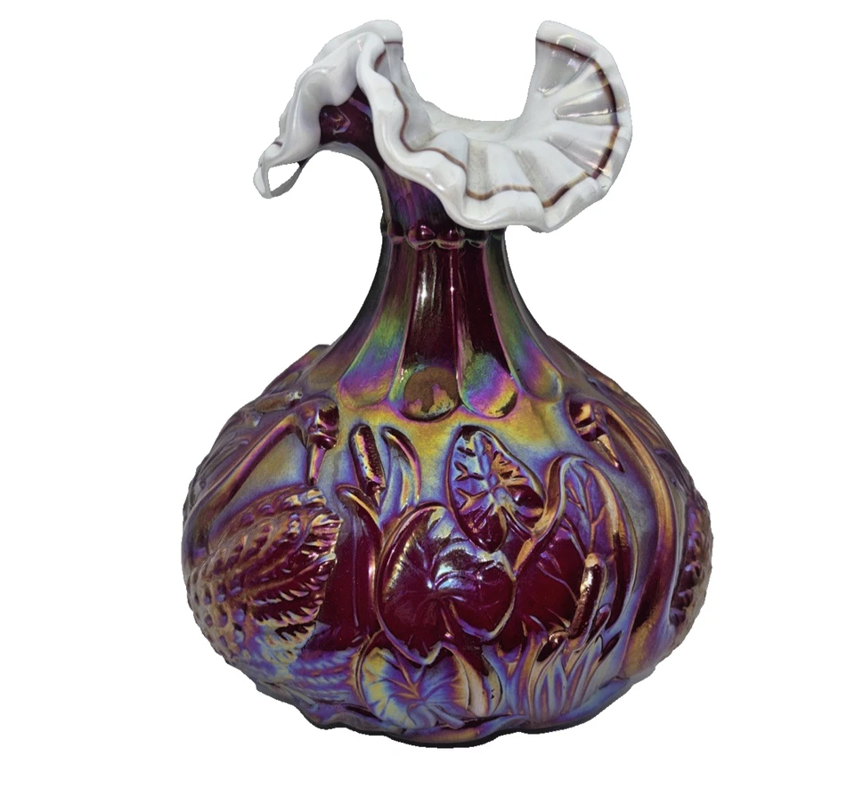 Fenton RUBY RED IRIDESCENT CARNIVAL GLASS OVERLAY SWAN CATTAIL VASE - Image 2 of 4