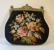 Vintage Petit Point Enamel Frame Floral Embroidered Handbag Purse Bag with Chain