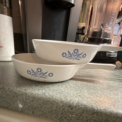 CorningWare Vintage Ceramic Casserole Pans Blue Floral Round Handled Set