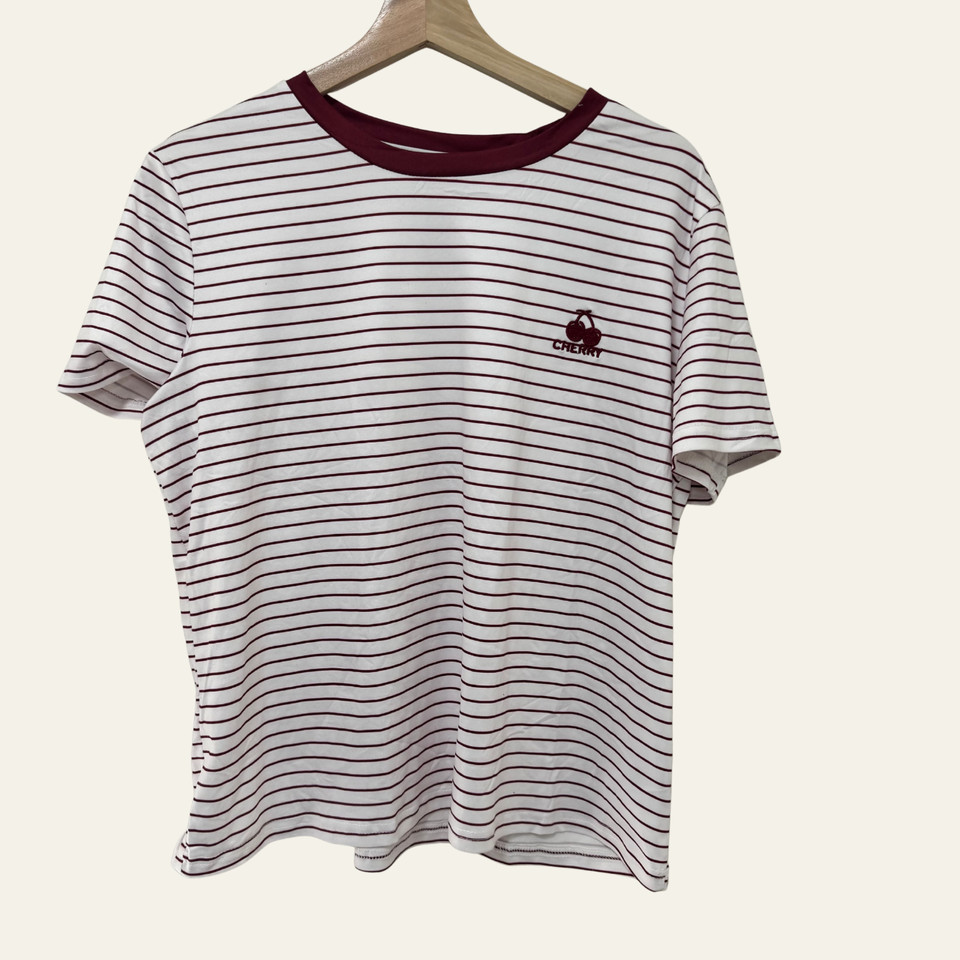 Cherry Embroidered T-Shirt Size Medium Red White Stripe Relaxed Casual Tee