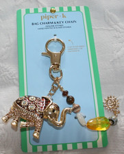 ELEPHANT Handbag Charm Keyring Gold tone Metal Glass Genuine Stones NWT