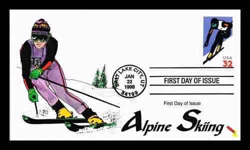 US COVER DYNAMITE HAND COLORED CACHET FIRST DAY OF ISSUE ALPINE SKIING