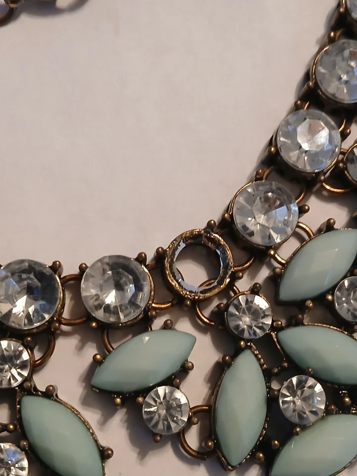 Anthropologie Chunky Mint Green & Clear Rhinestone Bib Necklace Leaves 18" Fair - Image 3 of 4
