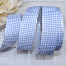 Blue White Gingham White Satin Backing Ribbon 7/8"W x 5 Yds FREE COMBINED SHIP 
