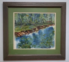 1965 Watercolor Painting River Bayou Landscape with Cabin by R. C. Fleck