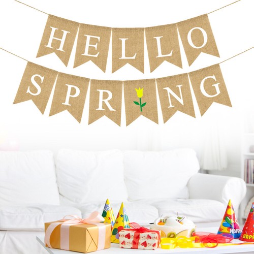 HELLO SPRING Letters Bunting Banner Decorative Colorful Linen Burlap